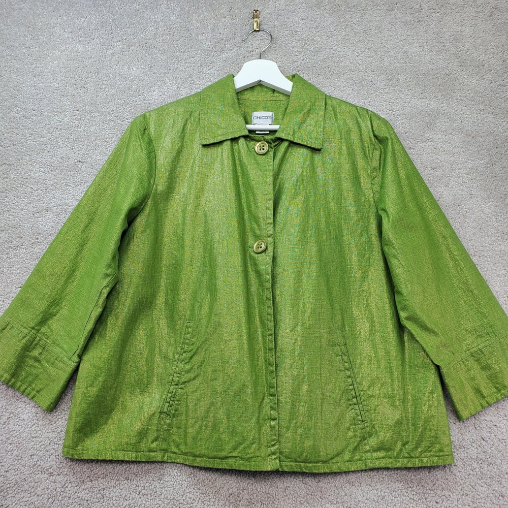 Chico's Swing Style Jacket Women 2 Green Metallic 3/4 Sleeve Paulene Foil Pleats